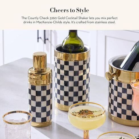 MACKENZIE-CHILDS 3260 20-Ounce Cocktail Shaker, Stainless-Steel Shaker Cup with Lid, Black-and-White Courtly Check with Gold in Saudi Arabia