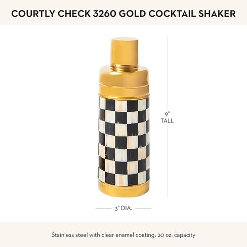 MACKENZIE-CHILDS 3260 20-Ounce Cocktail Shaker, Stainless-Steel Shaker Cup with Lid, Black-and-White Courtly Check with Gold in Saudi Arabia