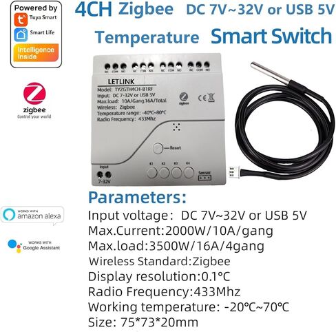 وحدة التحكم في درجة حرارة Zigbee 4 ، AC 85-250V أو USB 5V Tuya App APP عن بُعد مفتاح الترحيل الذكي الجاف مع مسبار مستشعر DS18B20 (AC 85-250V) in Kuwait
