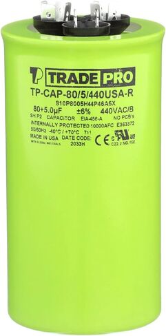 TRADEPRO (TP-CAP-80/5/440USA-R) 80+5 MFD 440 Volt Round Dual Run Capacitor, Made in USA | 60,000 Hour Operating Life, Aluminum Composition, -40°F to 158°F (-40°C to 70°C) Temperature Range in Saudi Arabia