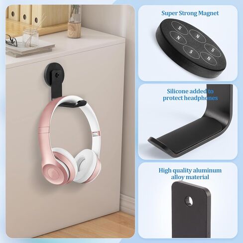 حامل سماعة الرأس المغناطيسي ، خطافات سماعات الرأس من الألومنيوم ، شماعات سماعة الرأس للمكتب والطاولة ، حامل تركيب سماعات الرأس مع وسادة مطاطية ، متوافقة مع جميع سماعات الكمبيوتر/الألعاب (أسود) in Kuwait
