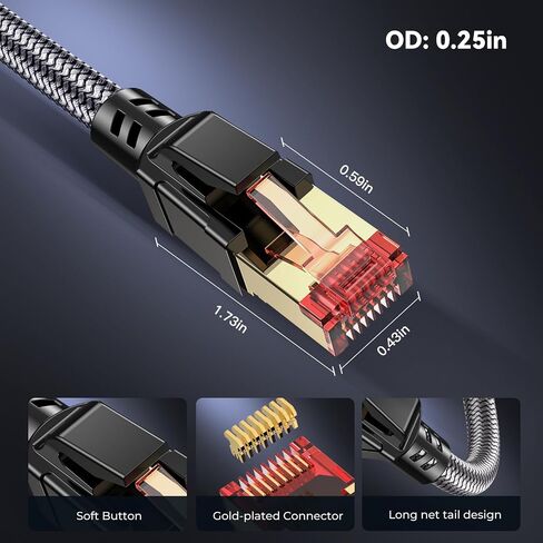 كابل Cat 8 Ethernet 15 قدمًا ، 40 جيجابت في الثانية 2000 ميجا هرتز عالية السرعة Gigabit LAN ، كابلات الإنترنت ، RJ45 CATPLAY CORD CORD ROUND S/FTP Cable ، للمنزل الذكي ، المكتب ، الألعاب ، المودم ، جهاز التوجيه in Saudi Arabia