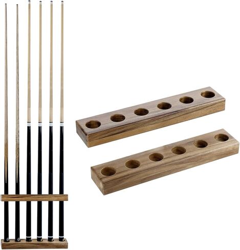 MyGift Premium Solid Acacia Wood Wall Mounted Billiard Cue Stick Rack, Rustic Wooden Pool Hall Accessories Holder Shelf, Billiards Parlor Hanger for 6 Cues in Saudi Arabia