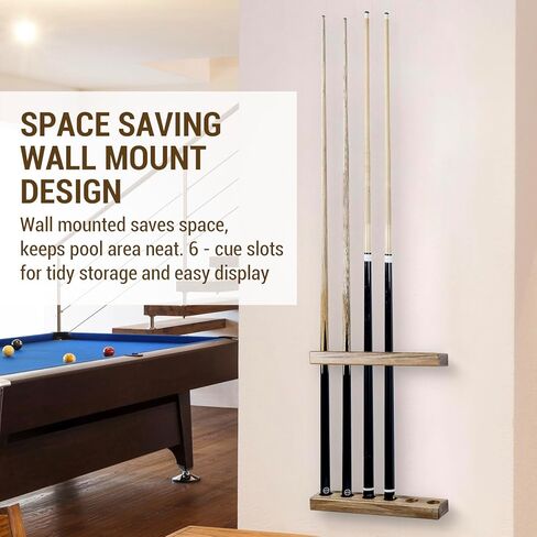 MyGift Premium Solid Acacia Wood Wall Mounted Billiard Cue Stick Rack, Rustic Wooden Pool Hall Accessories Holder Shelf, Billiards Parlor Hanger for 6 Cues in Saudi Arabia