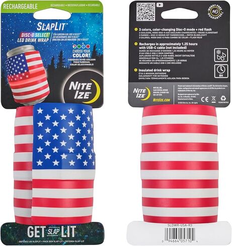Nite Ize SlapLit Rechargeable LED Drink Wrap - Patriotic Can Wrap for Beer, Soda & More - Multiple Lighting Features - Weather-Resistant Drink Holder to Keep Cans Cold - USA, Disc-O Select in Saudi Arabia
