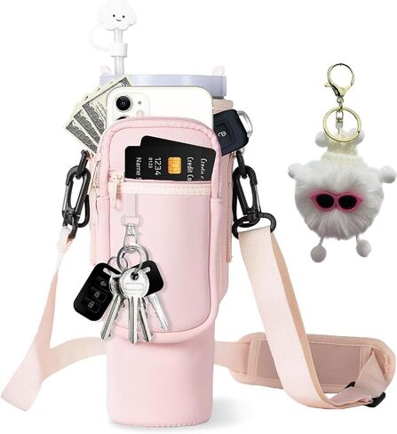 Water Bottle Carrier Bag with Pouch Pocket fits Stanley 40 oz Tumbler with Handle, Water Bottle Holder with Adjustable Strap Bollus with Coal ball pendant & Carabiner accessories for stanley cup in Saudi Arabia