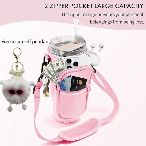 Water Bottle Carrier Bag with Pouch Pocket fits Stanley 40 oz Tumbler with Handle, Water Bottle Holder with Adjustable Strap Bollus with Coal ball pendant & Carabiner accessories for stanley cup in Saudi Arabia