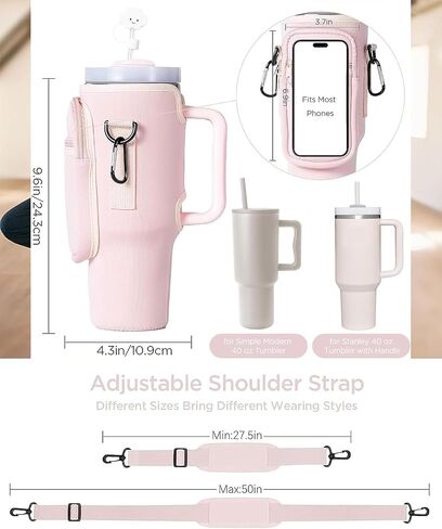 Water Bottle Carrier Bag with Pouch Pocket fits Stanley 40 oz Tumbler with Handle, Water Bottle Holder with Adjustable Strap Bollus with Coal ball pendant & Carabiner accessories for stanley cup in Saudi Arabia