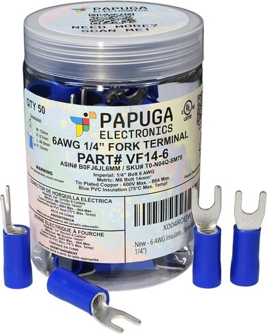 50PCS 6 AWG 1/4" M6 Insulated Fork Crimp Connector 88A 600V UL cUL for Electrical Terminals (50, 1/4") in Saudi Arabia
