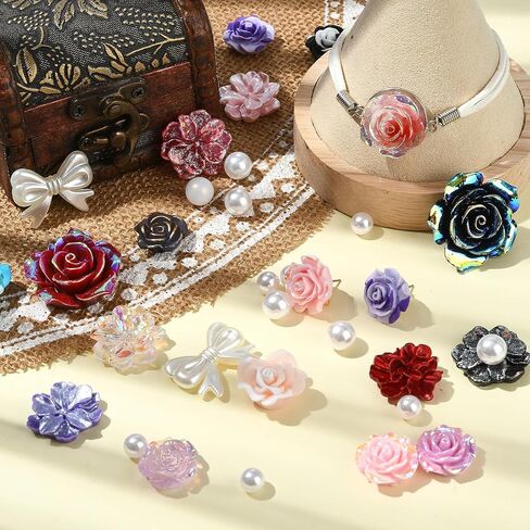 BEEFLIYNG 1 PACK Random Mixed 3D Resin ABS Colorful Rose Flower Butterfly Bow Charm Pearl Bead Acrylic Floral Decor Cabochons for Bracelet Earring Necklace Phone Case Craft DIY Jewelry Making in Kuwait