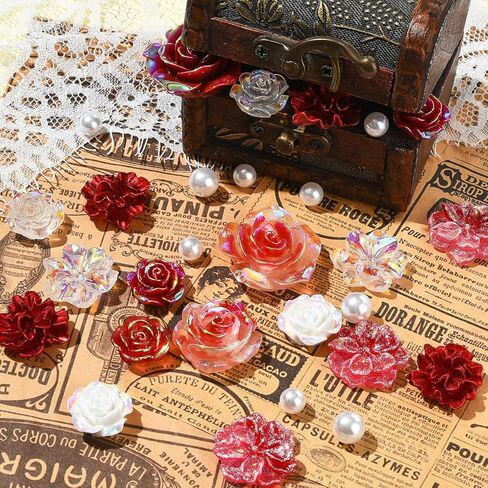 BEEFLIYNG 1 PACK Random Mixed 3D Resin ABS Colorful Rose Flower Butterfly Bow Charm Pearl Bead Acrylic Floral Decor Cabochons for Bracelet Earring Necklace Phone Case Craft DIY Jewelry Making in Kuwait