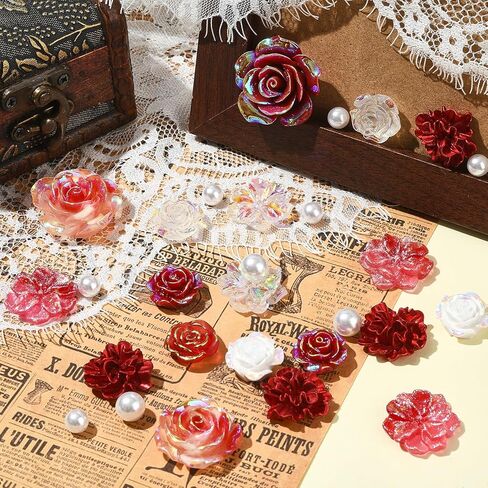 BEEFLIYNG 1 PACK Random Mixed 3D Resin ABS Colorful Rose Flower Butterfly Bow Charm Pearl Bead Acrylic Floral Decor Cabochons for Bracelet Earring Necklace Phone Case Craft DIY Jewelry Making in Kuwait