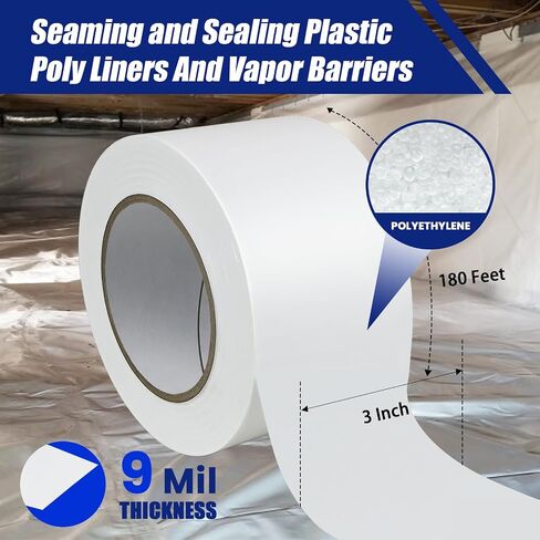 4 Roll Vapor Barrier Tape, 3" Wide x 180' Long, White PE 9 mm Polyethylene Tape, Waterproof Moisture Barriers Seal and Seam, for Underlayment Crawl Spaces, Insulation Repairs & Plastic Liners in Saudi Arabia