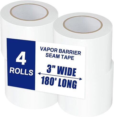 4 Roll Vapor Barrier Tape, 3" Wide x 180' Long, White PE 9 mm Polyethylene Tape, Waterproof Moisture Barriers Seal and Seam, for Underlayment Crawl Spaces, Insulation Repairs & Plastic Liners in Saudi Arabia