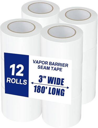 4 Roll Vapor Barrier Tape, 3" Wide x 180' Long, White PE 9 mm Polyethylene Tape, Waterproof Moisture Barriers Seal and Seam, for Underlayment Crawl Spaces, Insulation Repairs & Plastic Liners in Saudi Arabia