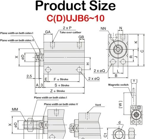 1PCS CUJB/CDUJB12/16/20 تجويلة التثبيت الحرة الصغيرة الهوائية 12 مم 20 مم من السكتة الدماغية 5/10/15/20/25/30 مم (CDUJB12X5D ، بدون مغناطيسي) in Kuwait