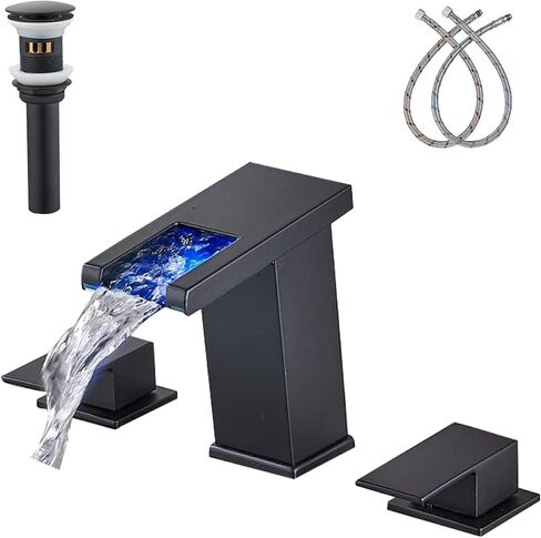 LOOPAN LED Widespread Bathroom Faucet Black - Waterfall Bathroom Faucets for Sink 3 Hole, Bathroom Sink Faucet 8 Inch 2 Handles, Modern Bathroom Faucets with Pop-up Drain & cUPC Supply Lines in Saudi Arabia