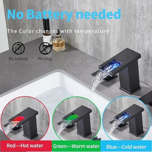 LOOPAN LED Widespread Bathroom Faucet Black - Waterfall Bathroom Faucets for Sink 3 Hole, Bathroom Sink Faucet 8 Inch 2 Handles, Modern Bathroom Faucets with Pop-up Drain & cUPC Supply Lines in Saudi Arabia
