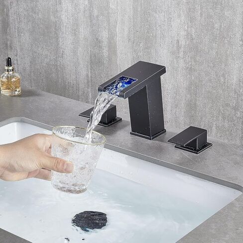 LOOPAN LED Widespread Bathroom Faucet Black - Waterfall Bathroom Faucets for Sink 3 Hole, Bathroom Sink Faucet 8 Inch 2 Handles, Modern Bathroom Faucets with Pop-up Drain & cUPC Supply Lines in Saudi Arabia
