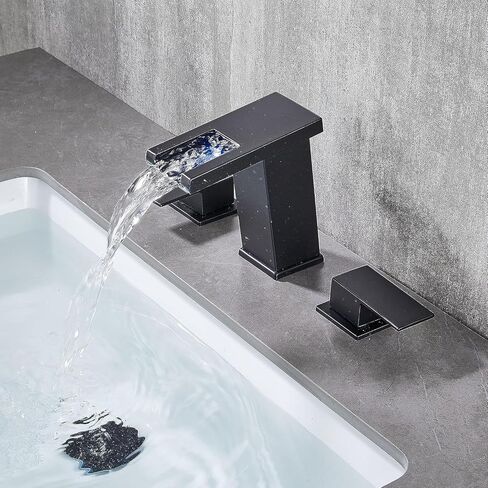 LOOPAN LED Widespread Bathroom Faucet Black - Waterfall Bathroom Faucets for Sink 3 Hole, Bathroom Sink Faucet 8 Inch 2 Handles, Modern Bathroom Faucets with Pop-up Drain & cUPC Supply Lines in Saudi Arabia