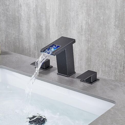 LOOPAN LED Widespread Bathroom Faucet Black - Waterfall Bathroom Faucets for Sink 3 Hole, Bathroom Sink Faucet 8 Inch 2 Handles, Modern Bathroom Faucets with Pop-up Drain & cUPC Supply Lines in Saudi Arabia