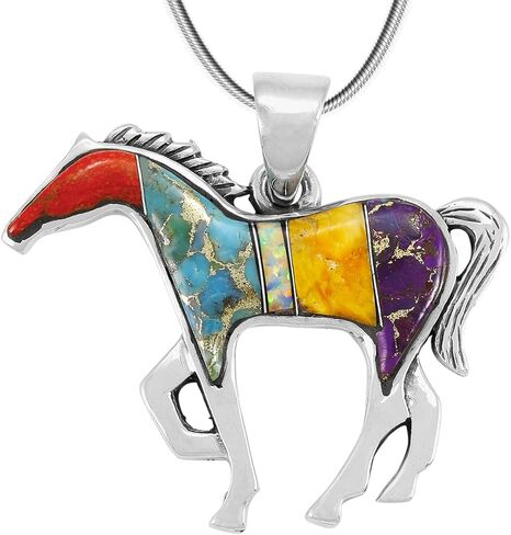 قلادة حصان من الفضة الإسترليني والفيروز والأحجار الكريمة الأصلية مع سلسلة مقاس 20 بوصة in Kuwait