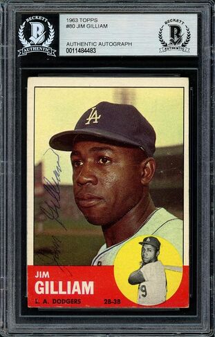 Jim Gilliam Autographed 1963 Topps Card #80 Los Angeles Dodgers Beckett BAS #11484483 - Baseball Slabbed Autographed Cards in Saudi Arabia