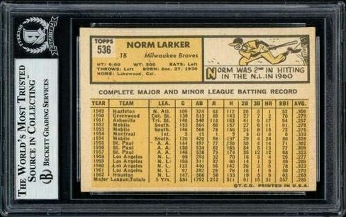 Norm Lararker تم توقيعه 1963 Topps High Number Card #536 Milwaukee Braves Beckett BAS #11481991 - Baseball Slabbed Cards in Saudi Arabia