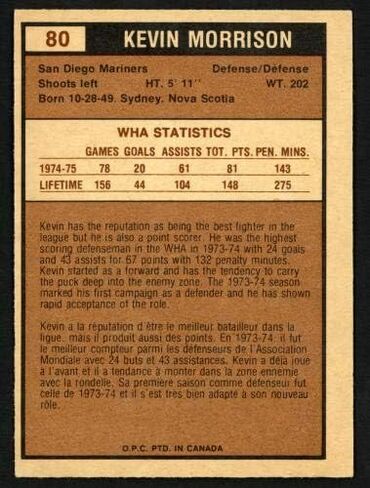 Kevin Morrison Autographed 1975-76 WHA O-Pee-Chee Rookie Card #80 San Diego Mariners SKU #151322 - MLB Autographed Baseball Cards in Saudi Arabia