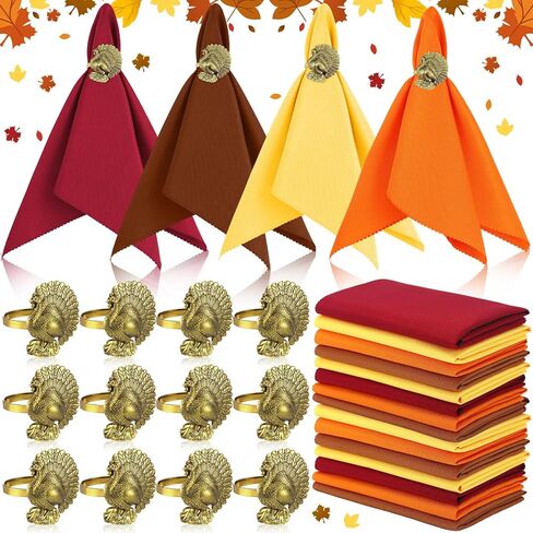 Willbond 12 مجموعة خواتم مناديل عيد الشكر مع مناشف قماش من مناشير الديك الرومي الخريف من منديل سبيكة تصاميم الديك الرومي in Kuwait