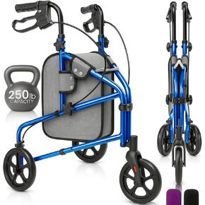 Vive Mobility 3 Wheel Walker - لفة ثلاثية العجلات لكبار السن - وزن خفيف ، قابلة للطي ، ضيقة ، ثقيلة - للنساء المسنات - قابلة للطي ثلاثية ثلاث عجلات مع كيس سلة in Kuwait