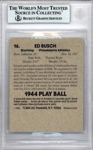 Ed Busch Motographed 1983 1944 Play Ball Reprint Card #16 Philadelphia A's Beckett Bas #9888041 - Baseball Slabbed Cards in Saudi Arabia
