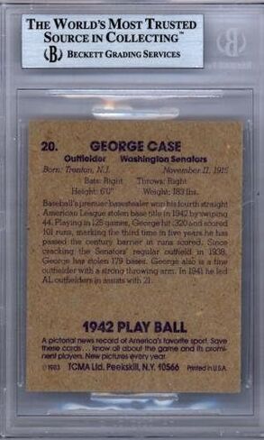 George Case Autographed 1983 1942 Play Ball Reprint Card #20 Washington Senators Beckett BAS #9888004 - Baseball Slabbed Autographed Cards in Saudi Arabia