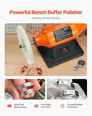 VEVOR Bench Buffer Polisher, 1/2HP Polishing and Buffing Machine, 0 to 8000RPM Benchtop Polisher with 2PCS 4" Cotton Wheel, 3PCS 3" Abrasive Fiber Wheels & Polishing Compound for Metal Jewelry Wood in Kuwait