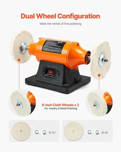 VEVOR Bench Buffer Polisher, 1/2HP Polishing and Buffing Machine, 0 to 8000RPM Benchtop Polisher with 2PCS 4" Cotton Wheel, 3PCS 3" Abrasive Fiber Wheels & Polishing Compound for Metal Jewelry Wood in Kuwait