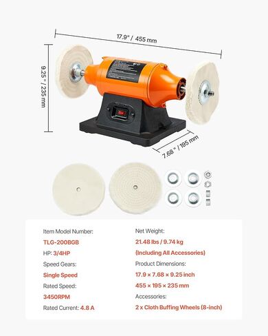 VEVOR Bench Buffer Polisher, 1/2HP Polishing and Buffing Machine, 0 to 8000RPM Benchtop Polisher with 2PCS 4" Cotton Wheel, 3PCS 3" Abrasive Fiber Wheels & Polishing Compound for Metal Jewelry Wood in Kuwait