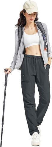 Women's Water-Repellent Hiking Pants - Windproof Lightweight with Elastic Waist & Cargo Zip Pockets (Fall Outdoor Travel) in Kuwait