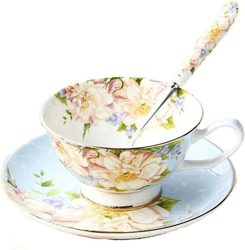 Gift Set Vintage Fine Bone China Tea cup Spoon and Saucer Set Gold Trim Fine Dining and Table Décor (White Camellia) in Kuwait