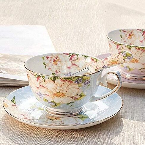 Gift Set Vintage Fine Bone China Tea cup Spoon and Saucer Set Gold Trim Fine Dining and Table Décor (White Camellia) in Kuwait