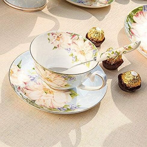 Gift Set Vintage Fine Bone China Tea cup Spoon and Saucer Set Gold Trim Fine Dining and Table Décor (White Camellia) in Kuwait