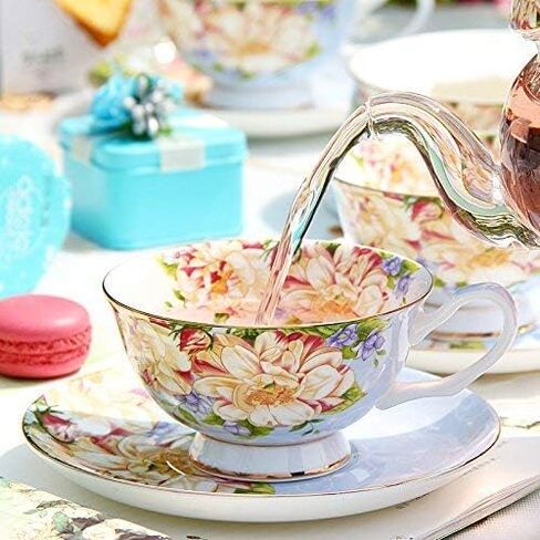 Gift Set Vintage Fine Bone China Tea cup Spoon and Saucer Set Gold Trim Fine Dining and Table Décor (White Camellia) in Kuwait