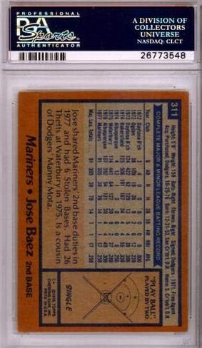 Jose Baez Autographed 1978 Topps Card #311 Seattle Mariners PSA/DNA #26773548 - Baseball Slabbed Autographed Cards in Saudi Arabia