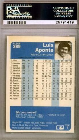 Luis Aponte Autographed 1984 Fleer Card #389 Boston Sox PSA/DNA #25791419 - Baseball Slabbed Autographed Cards in Saudi Arabia