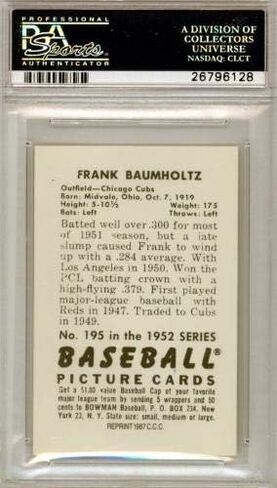 Frank Baumholtz موقعة 1987 1952 Bowman reprint Card #195 Chicago Cubs PSA/DNA #26796128 - Baseball Slabbed Cards in Saudi Arabia