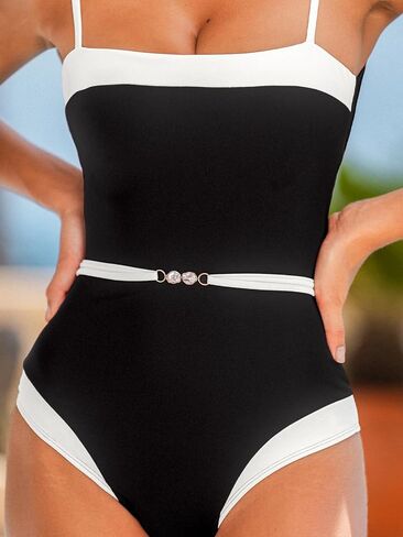 CUPSHE Women's One Piece Swimsuit Square Neck Bathing Suit Color Block Crisscross Back Cutout Adjustable Straps Self Tie in Saudi Arabia
