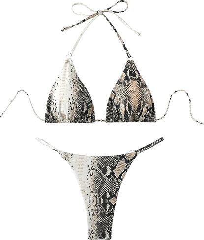 Wdirara Women's Snakeskin Print Halter Bikini وضع مثلث ثونغ ملابس السباحة ثلثين من قطعتين in Saudi Arabia