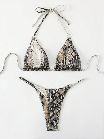 Wdirara Women's Snakeskin Print Halter Bikini وضع مثلث ثونغ ملابس السباحة ثلثين من قطعتين in Saudi Arabia