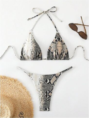 Wdirara Women's Snakeskin Print Halter Bikini وضع مثلث ثونغ ملابس السباحة ثلثين من قطعتين in Saudi Arabia