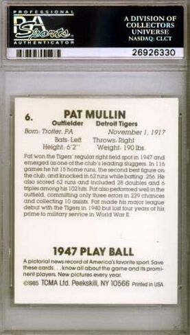 Pat Mullin Autographed 1985 Play Ball 1947 Reprint Card #6 Detroit Tigers PSA/DNA #26926330 - Baseball Slabbed Autographed Cards in Saudi Arabia