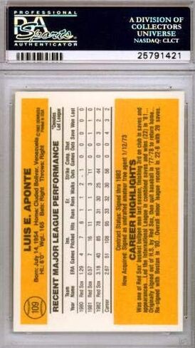 Luis Aponte Autographed 1983 Donruss Rookie Card #109 Boston Sox PSA/DNA #25791421 - Baseball Slabbed Autographed Cards in Saudi Arabia